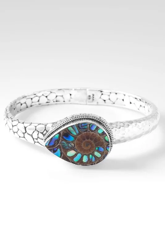 Women’s gold-plated charm bracelet-Patient in Trials Bangle™ in Ammonite with Abalone Inlay