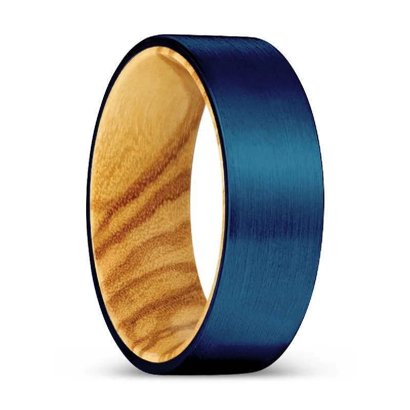 Women’s diamond eternity band-ZIGZAG | Olive Wood, Blue Tungsten Ring, Brushed, Flat