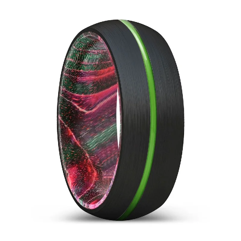 Women’s yellow gold wedding ring-ROMULUS | Green & Red Wood, Black Tungsten Ring, Green Groove, Domed