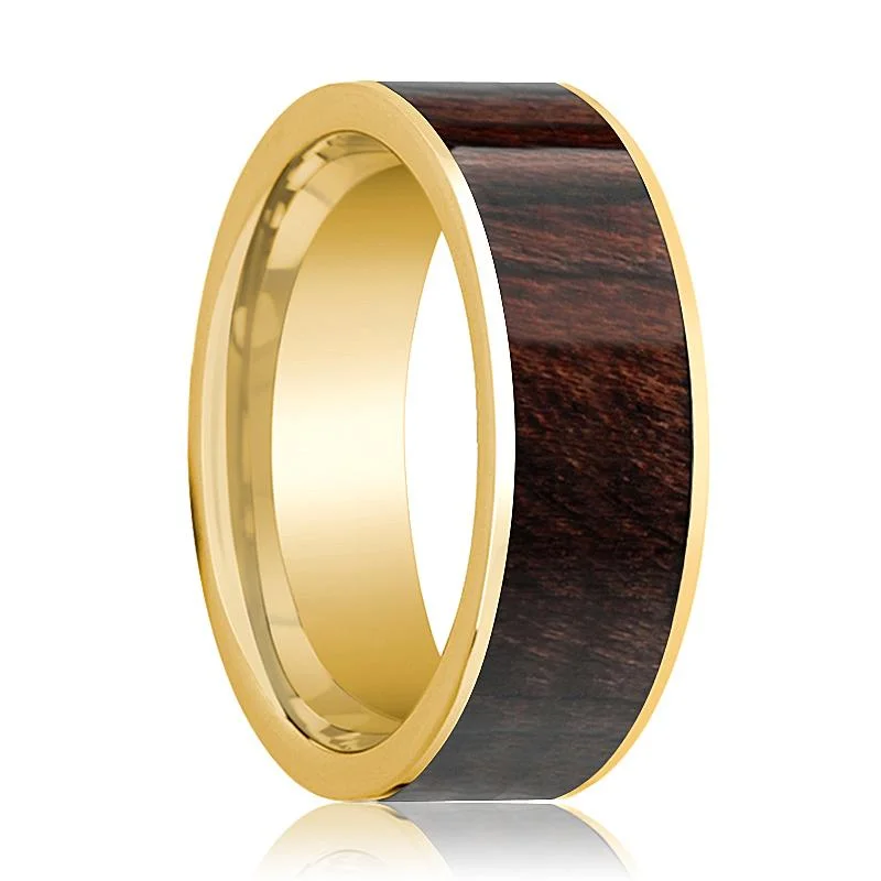 Women’s round diamond engagement ring-Mens Wedding Band 14k Yellow Gold & Bubinga Wood Inlaid Polished Finish  - 8mm