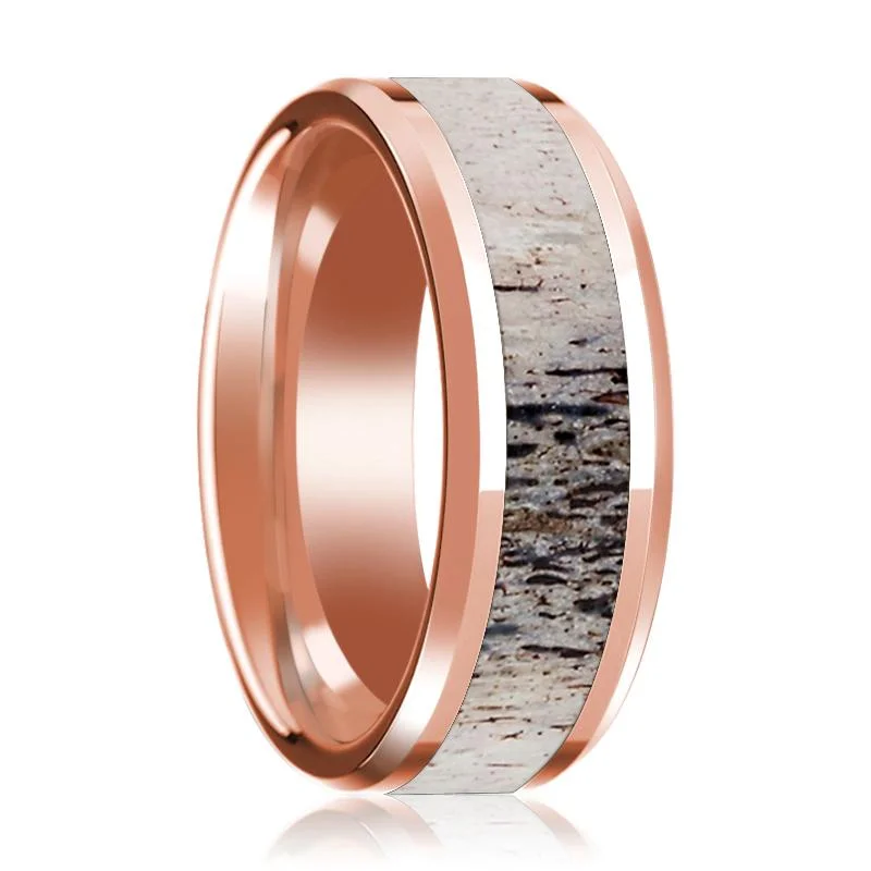 Women’s floral engagement ring-Ombre Deer Antler Inlaid 14k Rose Gold Polished Wedding Band for Men with Polished Edges - 8MM