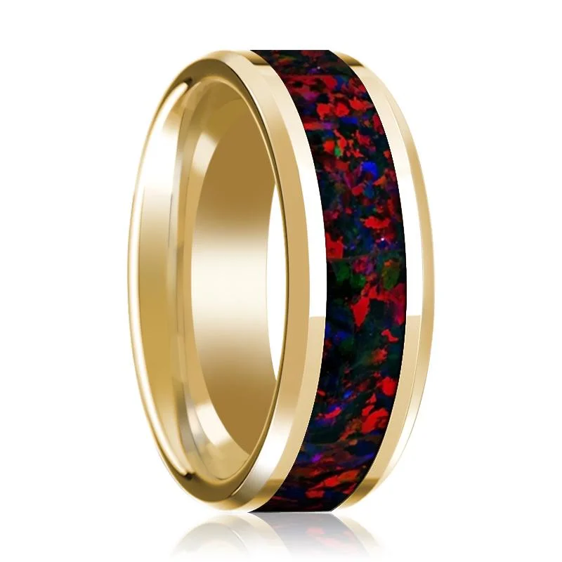 Women’s antique diamond ring-14K Yellow Gold Polished Beveled Wedding Ring Black and Red Opal Inlay