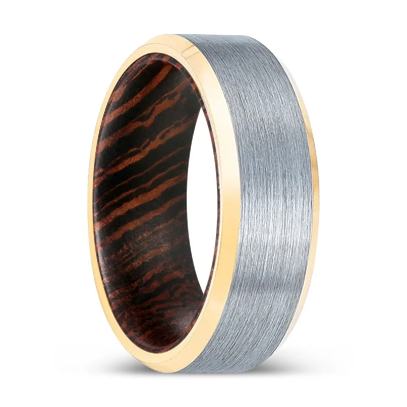 Women’s wedding ring with colored diamonds-TIWANIA | Wenge Wood, Brushed, Silver Tungsten Ring, Gold Beveled Edges