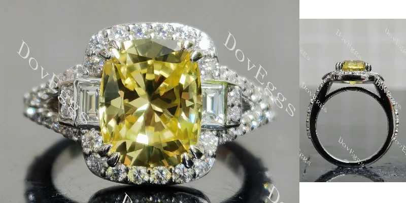 Women’s vintage style diamond engagement rings-Doveggs elongated cushion halo split shanks colored gem engagement ring