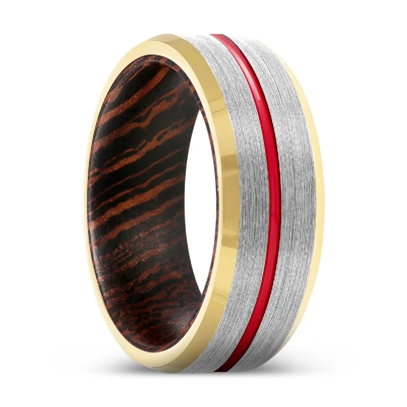 Women’s minimal engagement ring-JUKE | Wenge Wood, Silver Tungsten Ring, Red Groove, Gold Beveled Edge