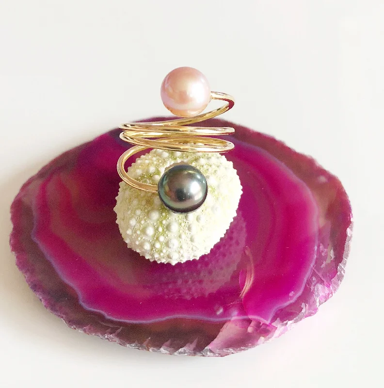 Women’s eco-friendly engagement ring-Ring IHILANI - pink & tahitian pearls (R165)