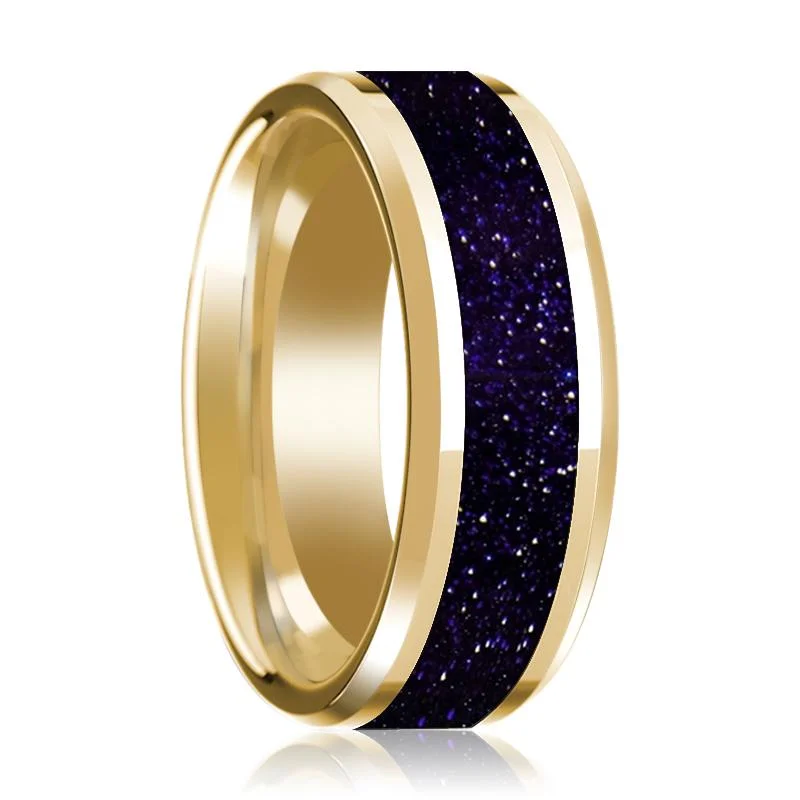 Women’s solitaire wedding ring-Men's Beveled 14k Yellow Gold Wedding Band with Purple GoldStone Inaly & Polished Finish - 8MM