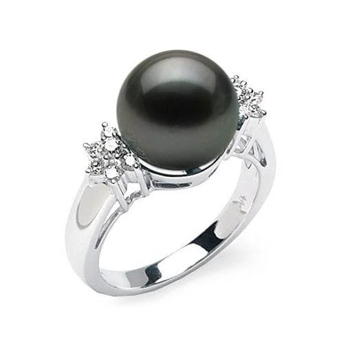 Women’s engagement rings with emeralds-Tahitian Black Pearl Ring in White Gold with Diamonds - 11-12mm