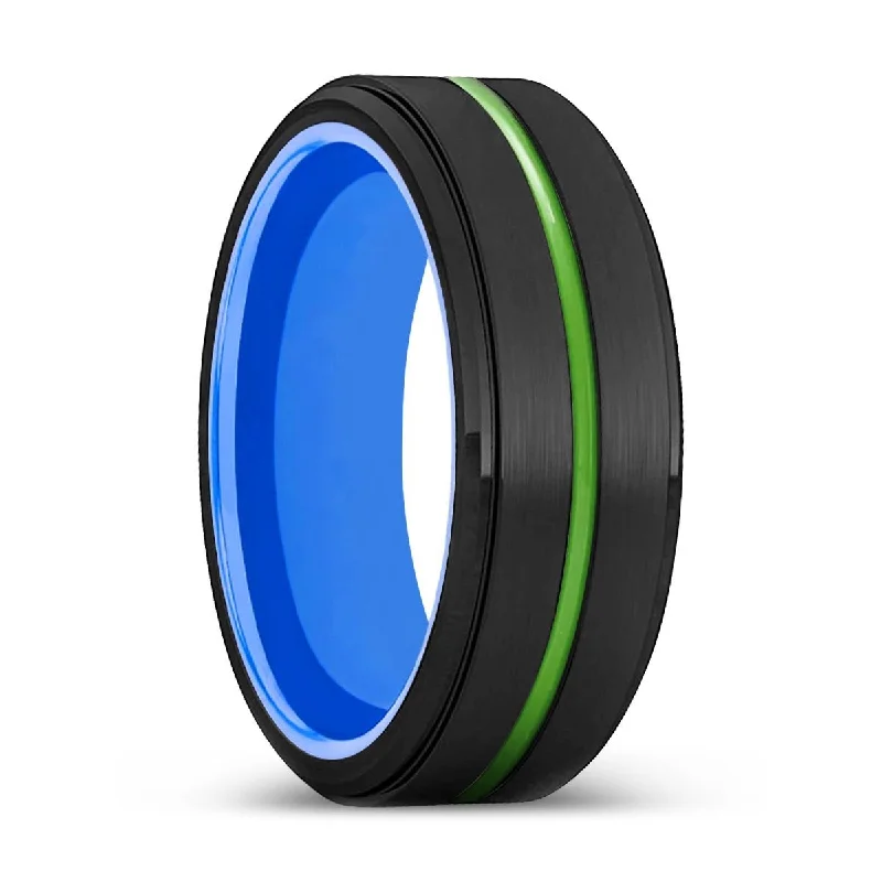 Women’s eternity band ring-METAIRIE | Blue Ring, Black Tungsten Ring, Green Groove, Stepped Edge