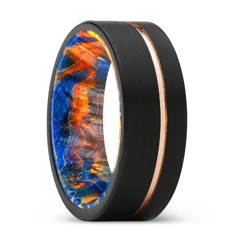 Women’s wedding ring with ruby gemstones-REVOLT | Blue & Yellow/Orange Wood, Black Tungsten Ring, Rose Gold Offset Groove, Brushed, Flat