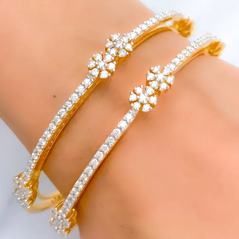 Women’s gold chain bracelet-Elevated Twin Flower Diamond + 18k Gold Bangles