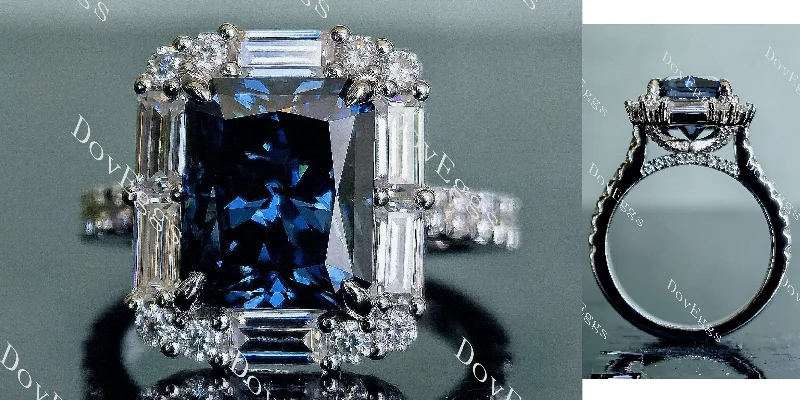 Women’s custom-made engagement rings-Doveggs radiant halo pave twilight blue moissanite engagement ring