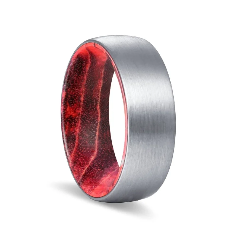 Women’s fashion ring for everyday-BEACON | Black & Red Wood, Silver Tungsten Ring, Brushed, Domed