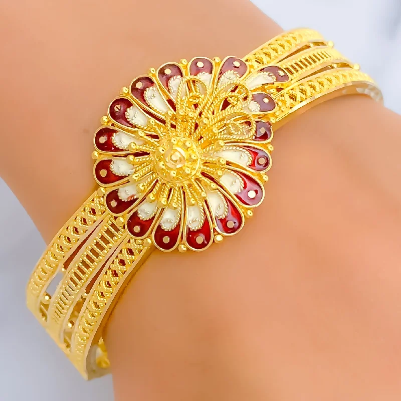 Women’s adjustable cuff bracelet-Colorful Enameled Paisley Flower 22k Gold Screw Bangle