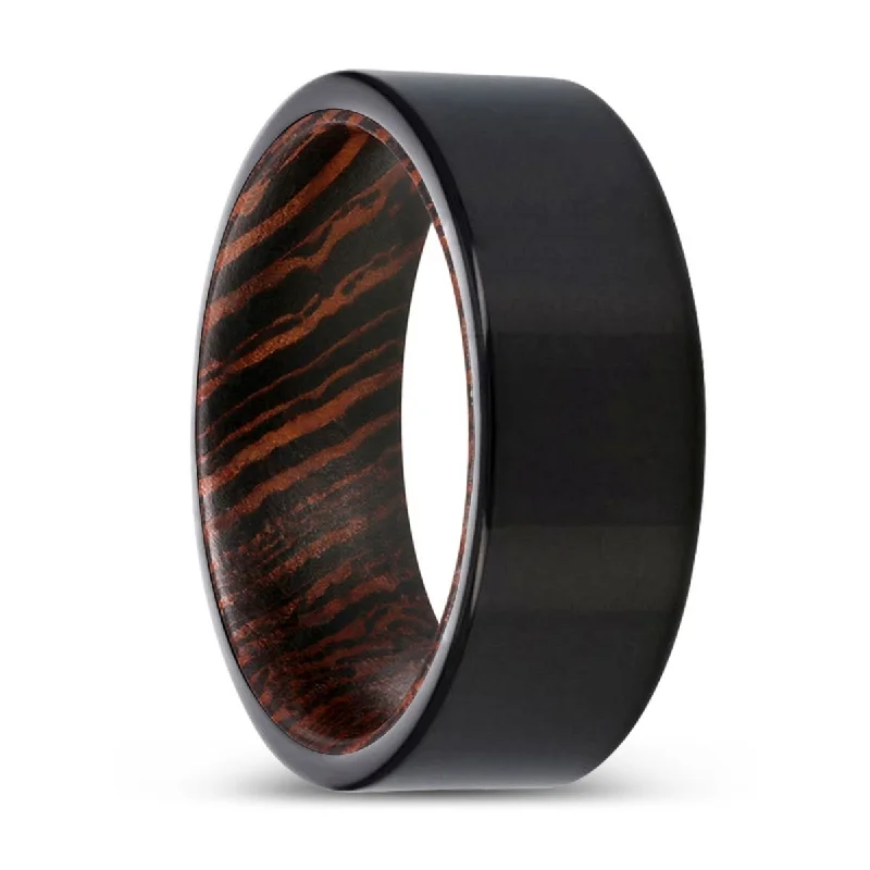 Women’s two-tone wedding ring-MANOLIS | Wenge Wood, Black Tungsten Ring, Shiny, Flat