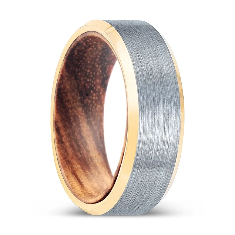 Women’s large gold ring-WILDLEAF | Zebra Wood, Brushed, Silver Tungsten Ring, Gold Beveled Edges