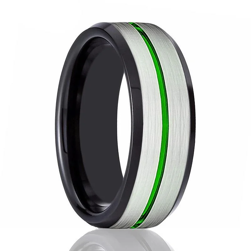 Women’s engagement ring with diamond-NITRO | Black Ring, Silver Brushed Green Groove Black Beveled