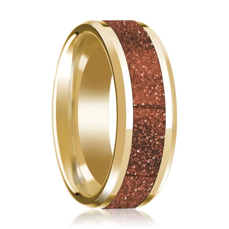 Women’s elegant sapphire ring-Men's 14k Yellow Gold Orange Goldstone Inlaid Wedding Ring with Beveled Edges & Polished Finish - 8MM