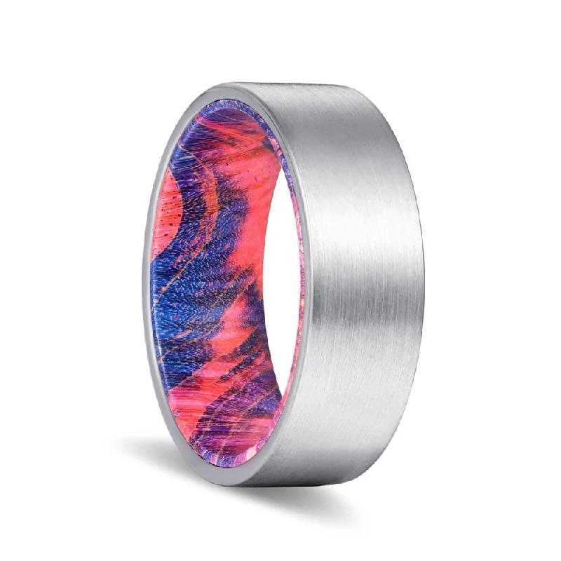 Women’s vintage gold ring-TSUNAMI | Blue and Red Wood, Silver Tungsten Ring, Brushed, Flat