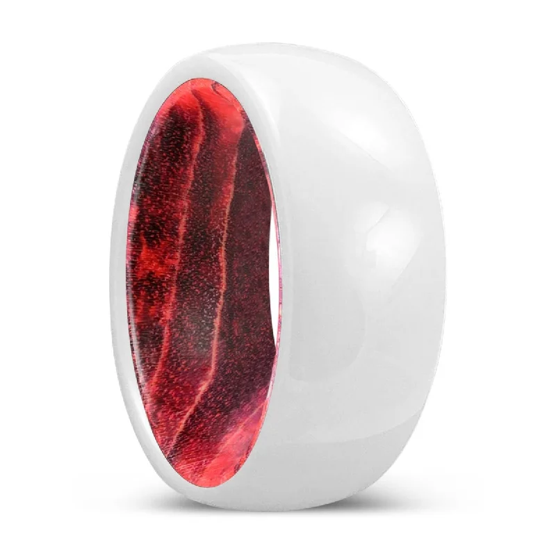 Women’s wedding ring set-UNITY | Black & Red Wood, White Ceramic Ring, Domed