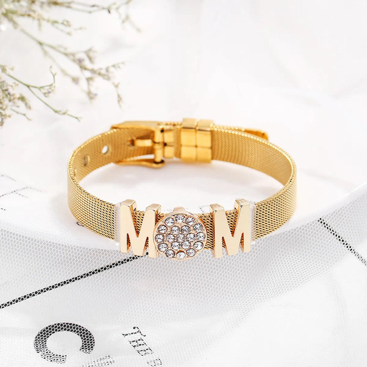 Women’s adjustable bracelet-304 Stainless Steel Casual Modern Style Inlay Letter Rhinestones Wristband Bangle