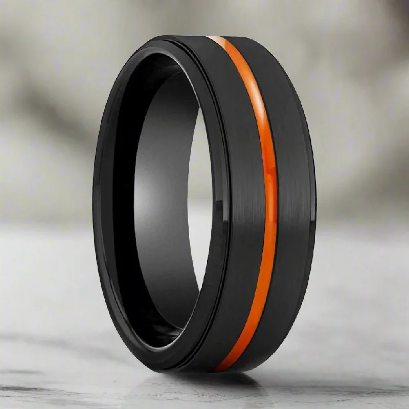 Women’s chunky engagement ring-SHADOW | Black Ring, Black Tungsten Ring, Orange Groove, Stepped Edge