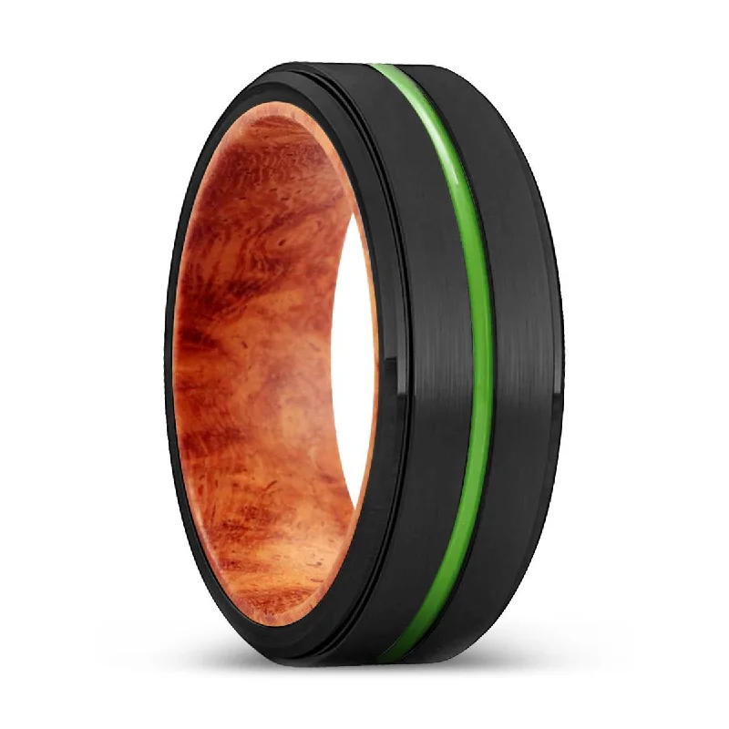 Women’s diamond solitaire ring-SALINAS | Red Burl Wood, Black Tungsten Ring, Green Groove, Stepped Edge