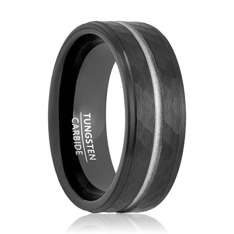 Women’s unique diamond ring-THUNDER | Black Tungsten Ring, Hammered, Silver Groove, Stepped Edge