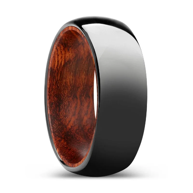 Women’s stackable engagement bands-RUSTICO | Snake Wood, Black Tungsten Ring, Shiny, Domed