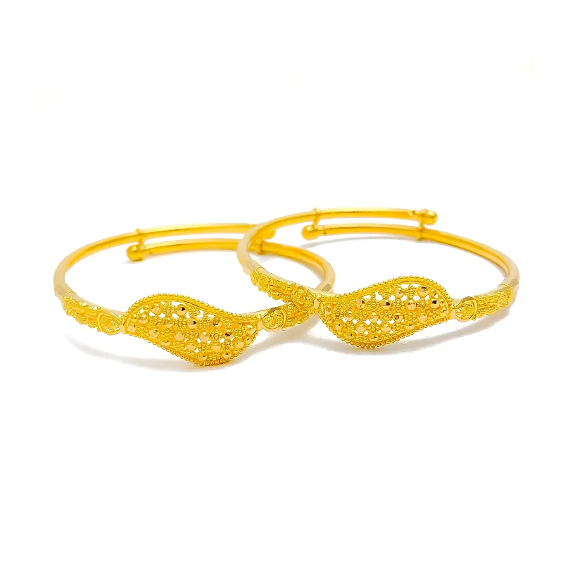 Women’s fashion bracelet-Shiny Netted Leaf 22k Gold Adjustable Baby Bangle Pair