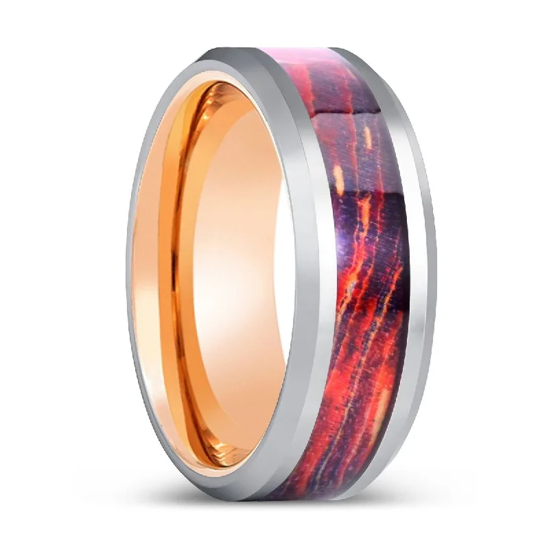 Women’s round diamond wedding band-SOLARION | Rose Gold Tungsten Ring, Galaxy Wood Inlay Ring, Silver Edges