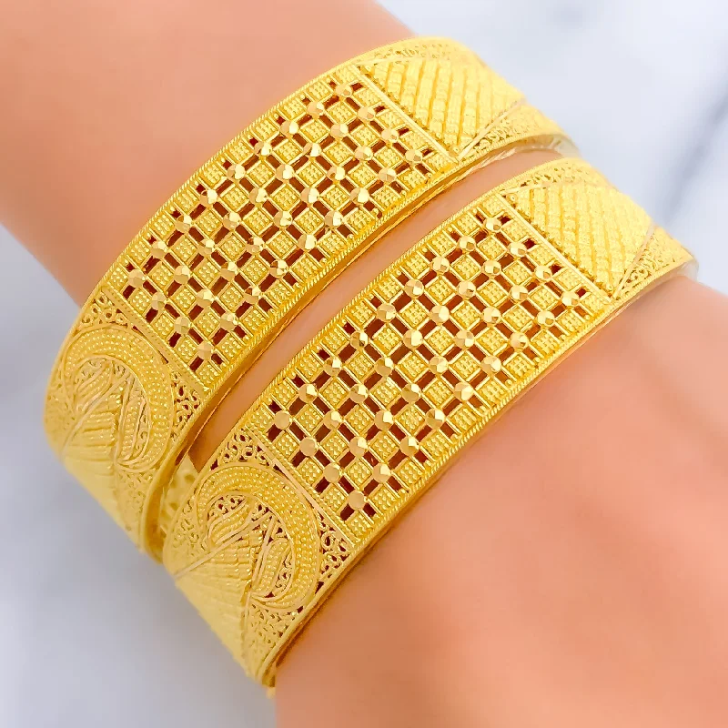 Women’s gold cuff bracelet-Magnificent Checkered 22k Gold Bangle Pair