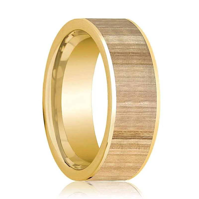 Women’s elegant wedding ring-Ash Wood Inlaid Men's 14k Yellow Gold Wedding Band Flat Polished - 8MM