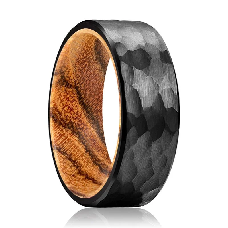 Women’s custom diamond ring-CLOVE | Bocote Wood, Black Tungsten Ring, Hammered, Flat