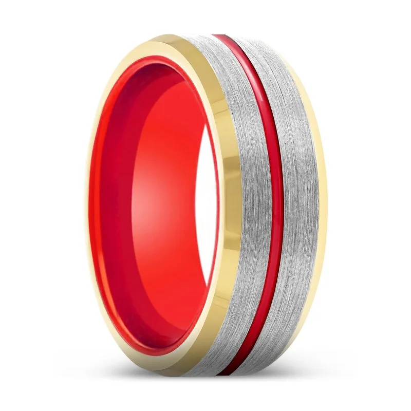 Women’s elegant wedding ring-MOLTEN | Red Ring, Silver Tungsten Ring, Red Groove, Gold Beveled Edge