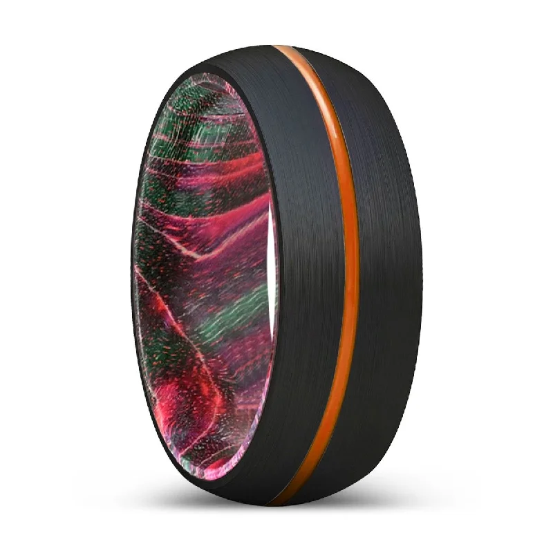 Women’s engagement rings with modern setting-DENDRO | Green & Red Wood, Black Tungsten Ring, Orange Groove, Domed