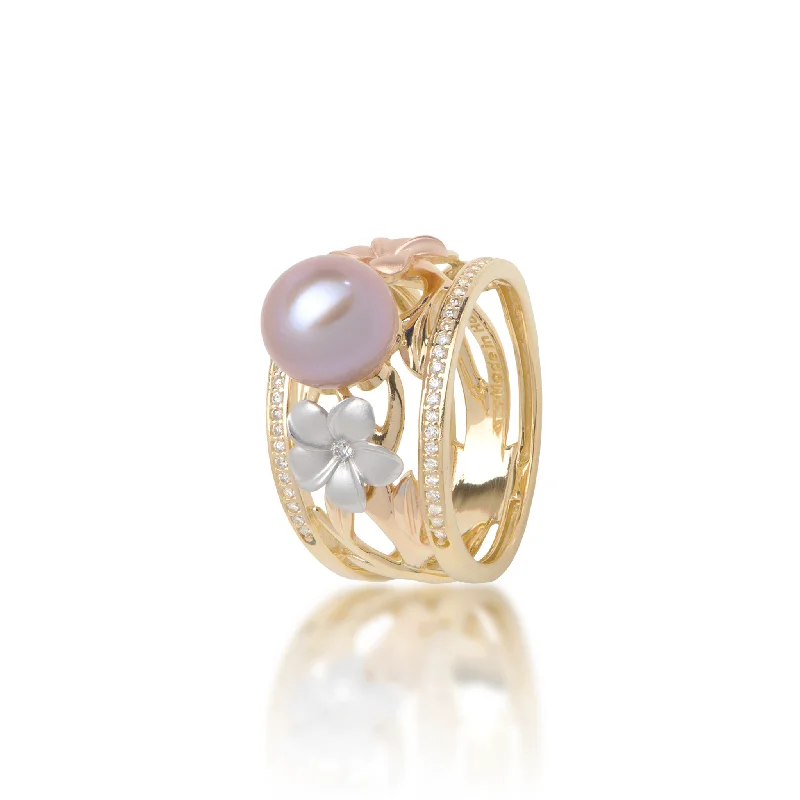 Women’s elegant engagement rings-Pearls in Bloom Plumeria Lavender Freshwater Pearl Ring in Tri Color Gold with Diamonds - 12mm