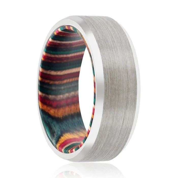 Women’s engagement rings with modern setting-ARC | Multi Color Wood, Silver Tungsten Ring, Brushed, Beveled