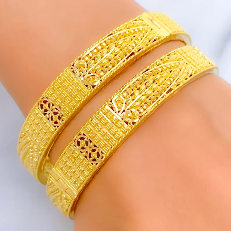 Women’s silver bracelet-Checkered Embellished 22k Gold Leaf Bangle Pair