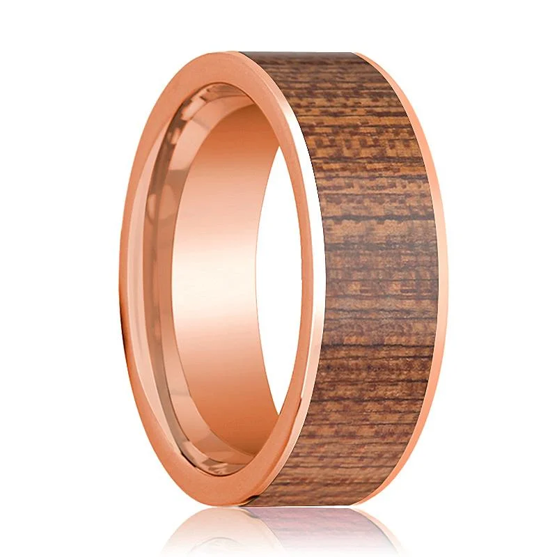 Women’s handmade wedding ring-Flat 14k Rose Gold Wedding Band for Men with Sapele Wood Inlay - 8MM