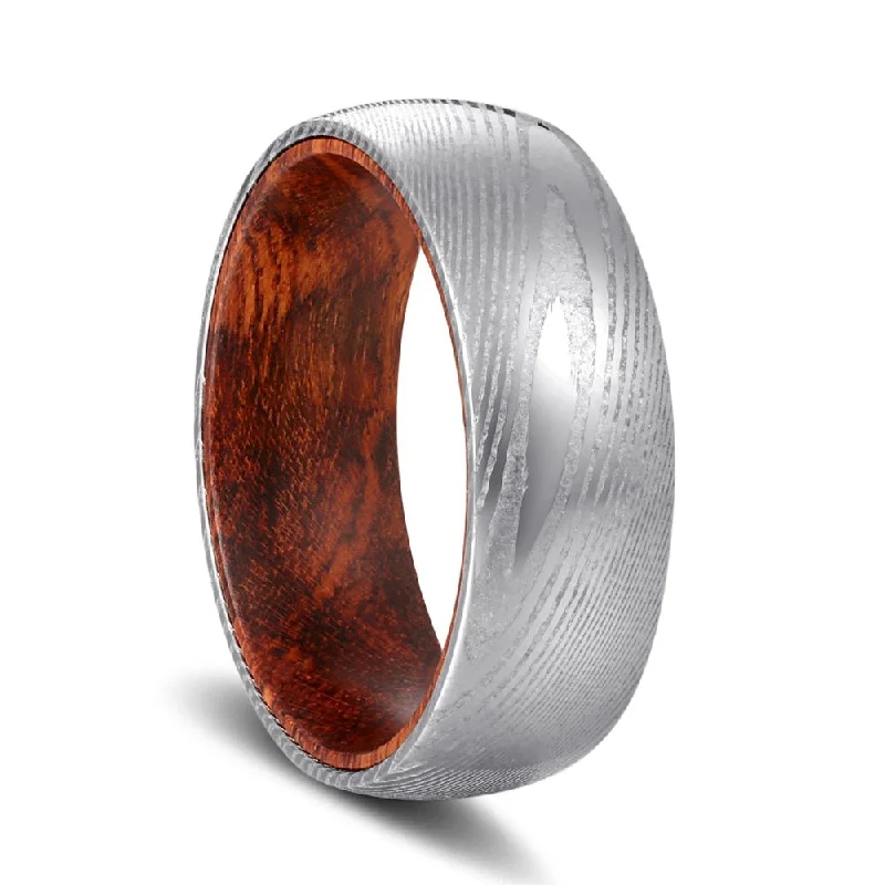 Women’s solitaire wedding ring-RANGO | Snake Wood, Silver Damascus Steel, Domed