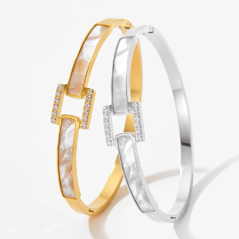 Women’s minimalist bracelet-Streetwear Square Stainless Steel Plating Inlay Artificial Diamond Shell Bangle