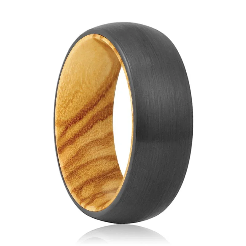 Women’s romantic engagement ring-FORGE | Olive Wood, Black Tungsten Ring, Brushed, Domed