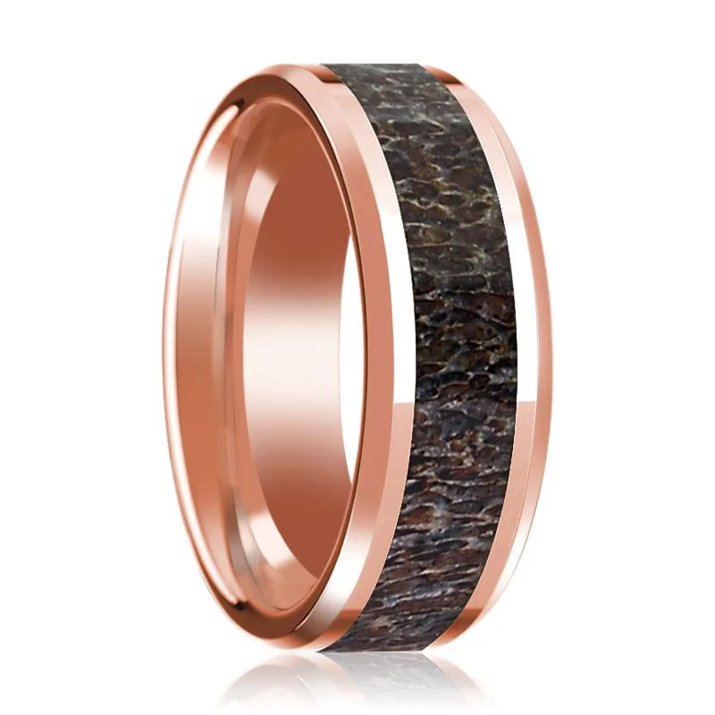 Women’s custom diamond ring-14k Rose Gold Polished Wedding Band with Dark Deer Antler Inlay & Beveled Edges