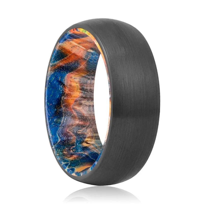 Women’s oval engagement ring-BEVERLY | Blue & Yellow/Orange Wood, Black Tungsten Ring, Brushed, Domed