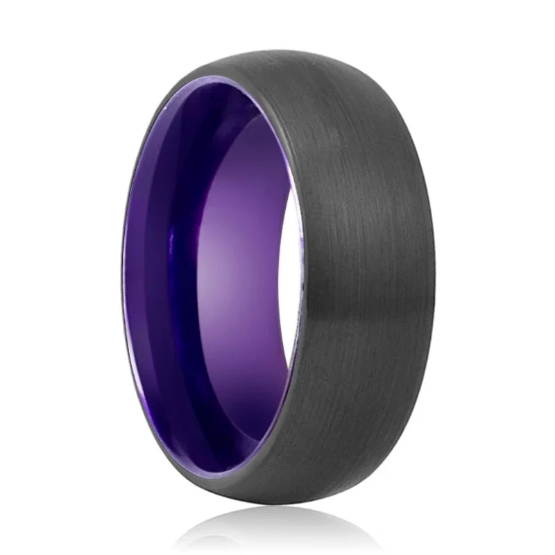 Women’s matching wedding bands-ASTER | Purple Ring, Black Tungsten Ring, Brushed, Domed