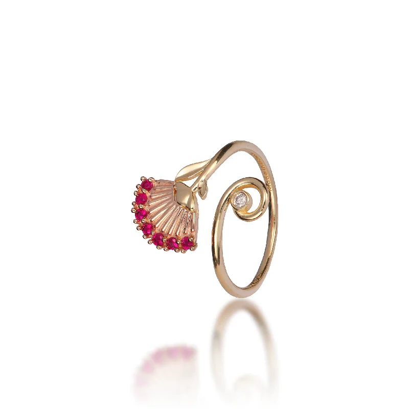 Women’s matching engagement and wedding rings-ʻŌhiʻa Lehua Ruby Ring in Two Tone Gold with Diamond - 18mm