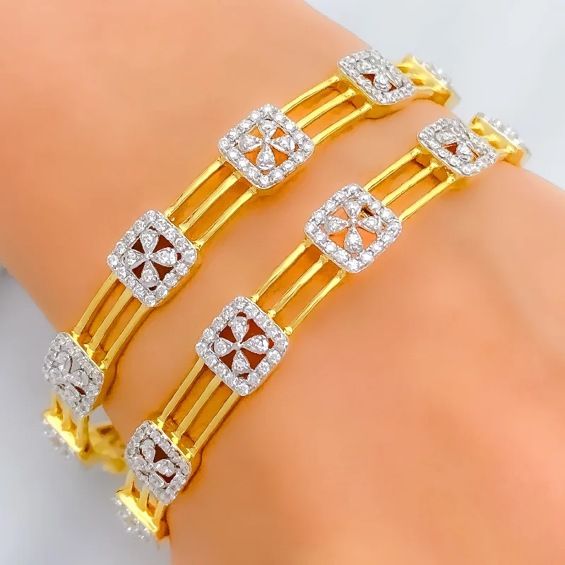 Women’s leather cuff bracelet-Timeless Floral Diamond + 18k Gold Bangle