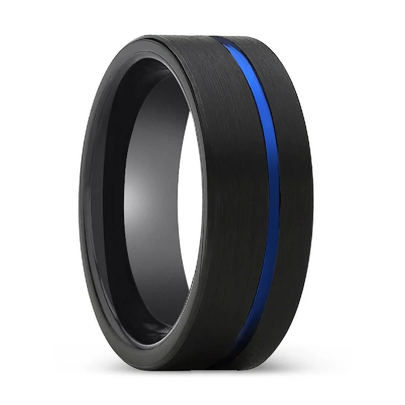 Women’s luxury diamond engagement ring-RAPTOR | Black Ring, Black Tungsten Ring, Blue Offset Groove, Flat