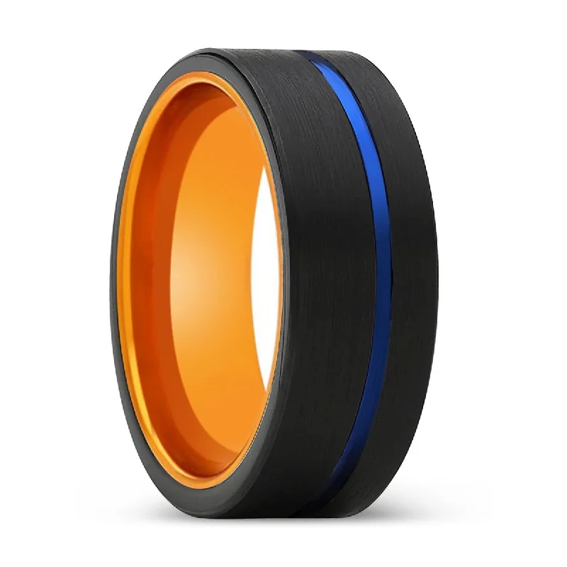 Women’s matching wedding bands-RENEGADO | Orange Ring, Black Tungsten Ring, Blue Offset Groove, Flat